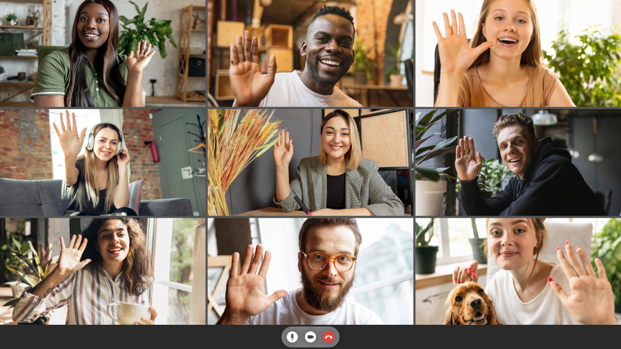 Salutation, greetings. Team working by group video call share ideas brainstorming use video conference. PC screen view with young people, application ad. Education, study online, post-pandemic life concept