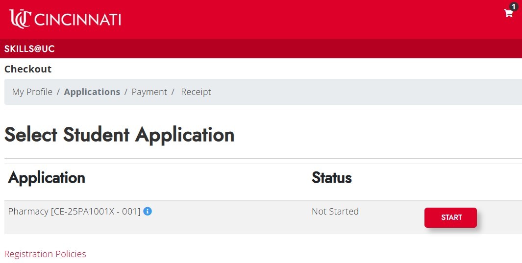 screenshot of student application